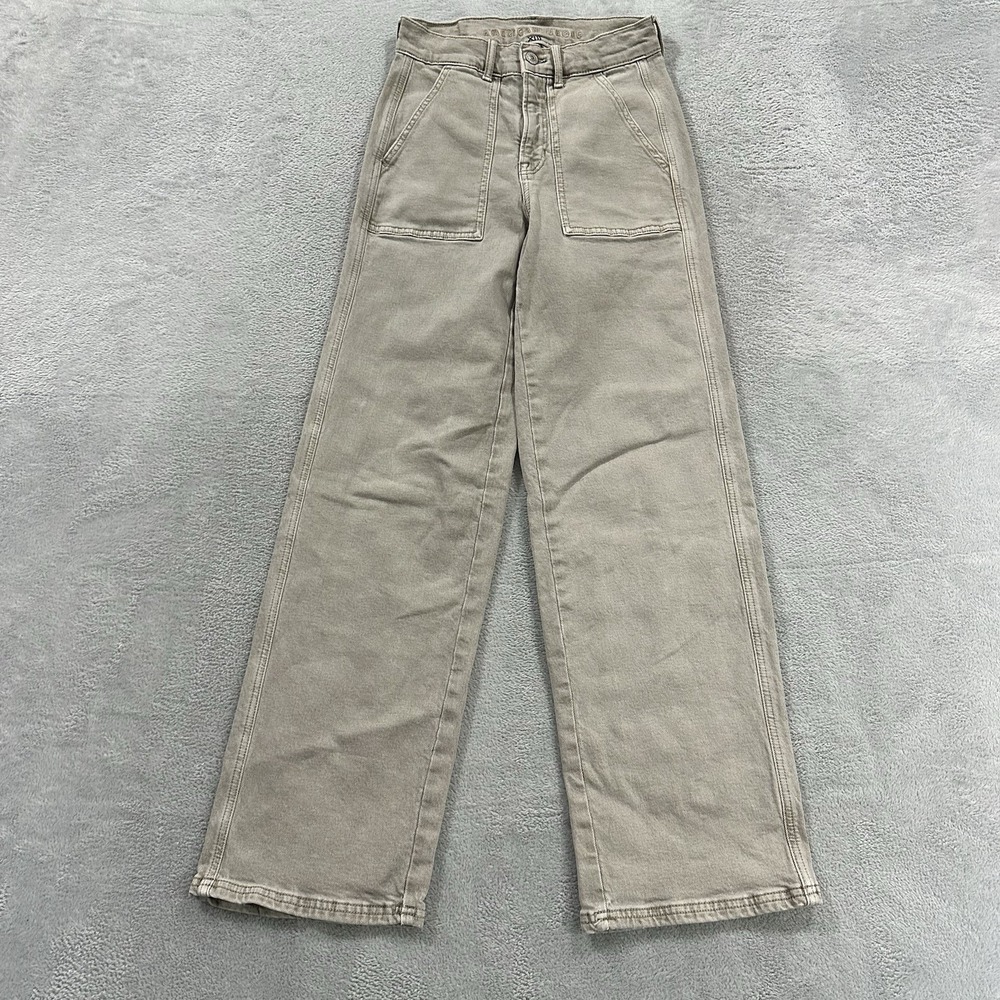 AE American Eagle Wide Leg Pants Women 0 Baggy Beige Retro Y2K Streetwear School
